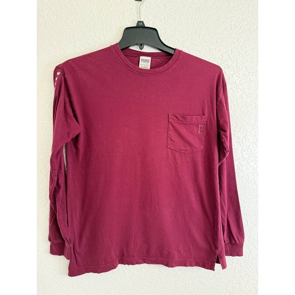 PINK Victoria's Secret‎ Long Sleeve Tee XS Maroon Dog Logo Pocket Shirt - Picture 1 of 5